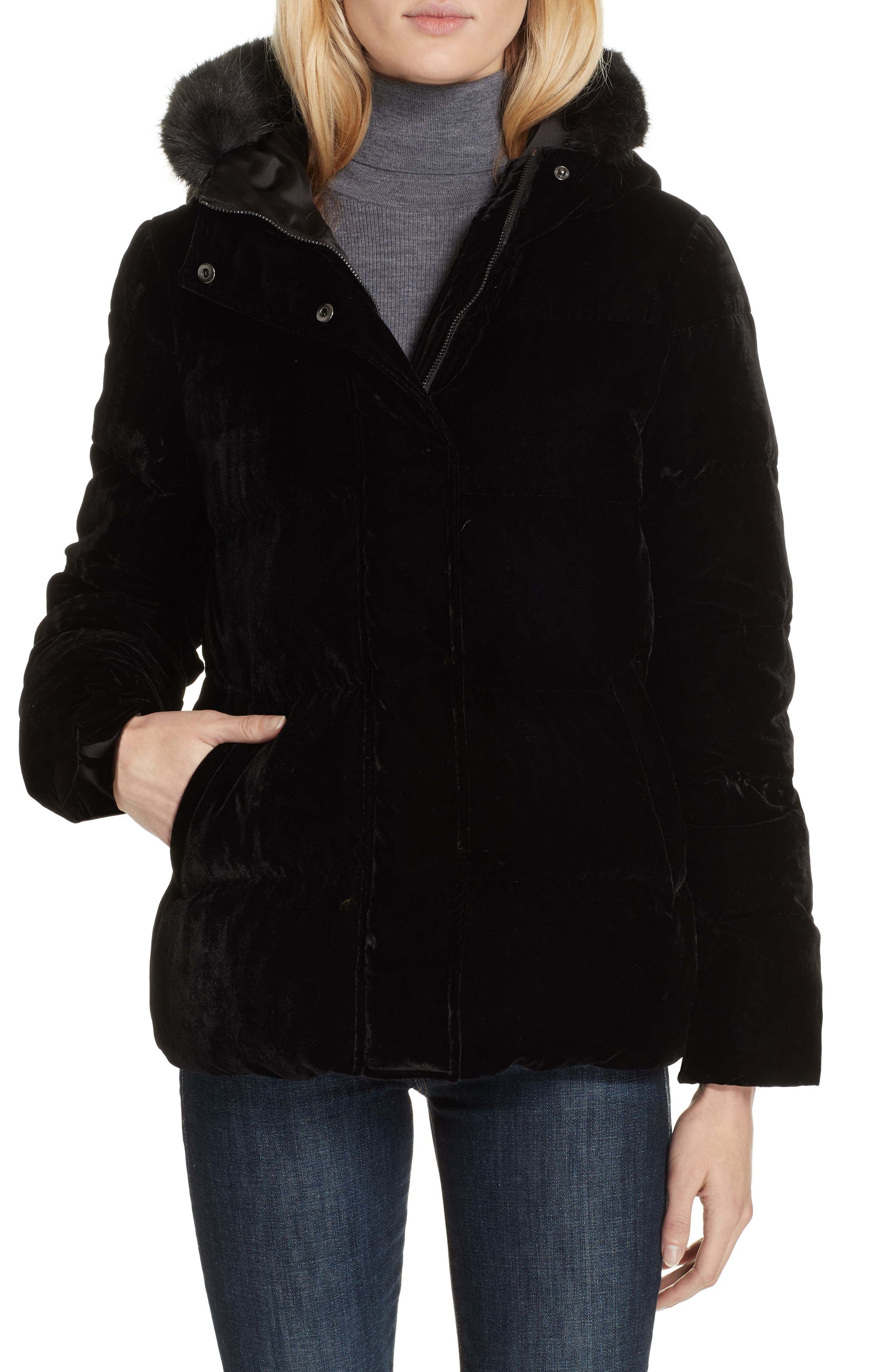 kate spade new york faux fur trim hooded puffer coat