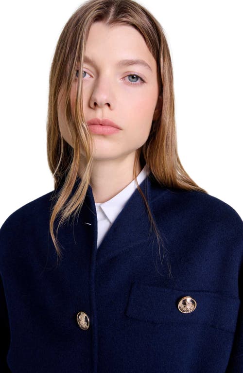 Shop Maje Belted Short Wool Coat In Navy