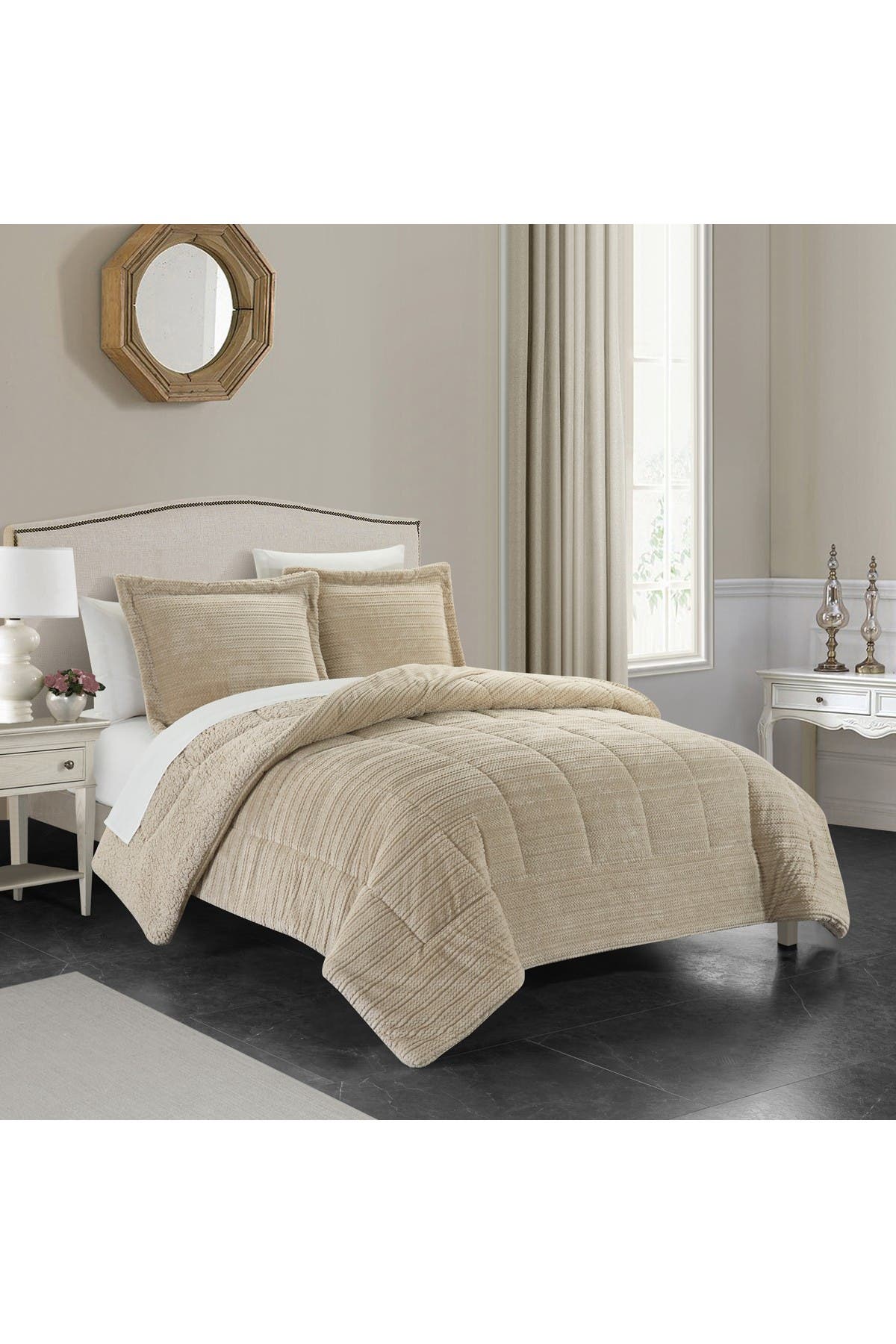 Chic Home Bedding Rashid Ribbed Texture Microplush Faux Shearling Lined King Comforter 3-piece Set In Beige/khaki