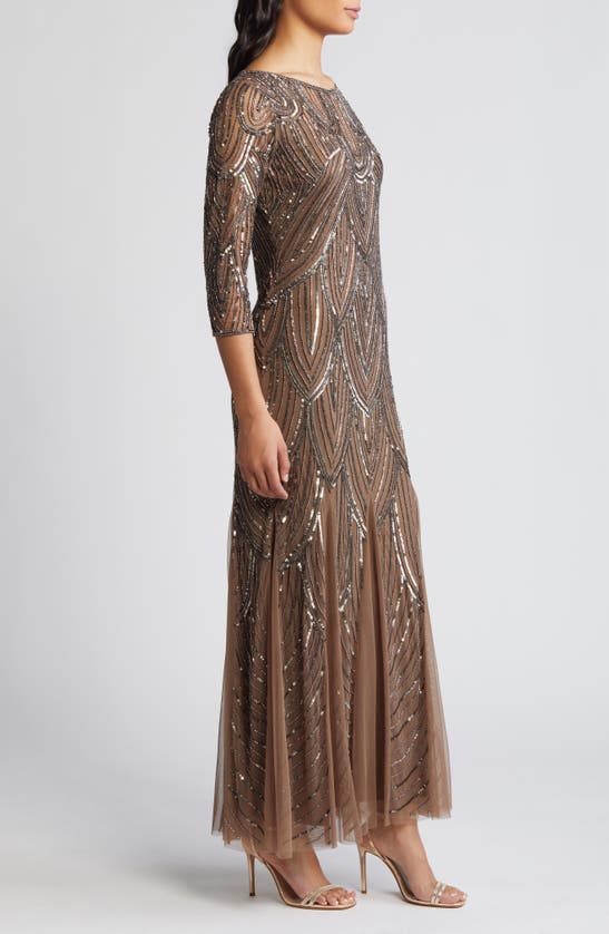 Shop Pisarro Nights Beaded Illusion Neck Gown In Mocha