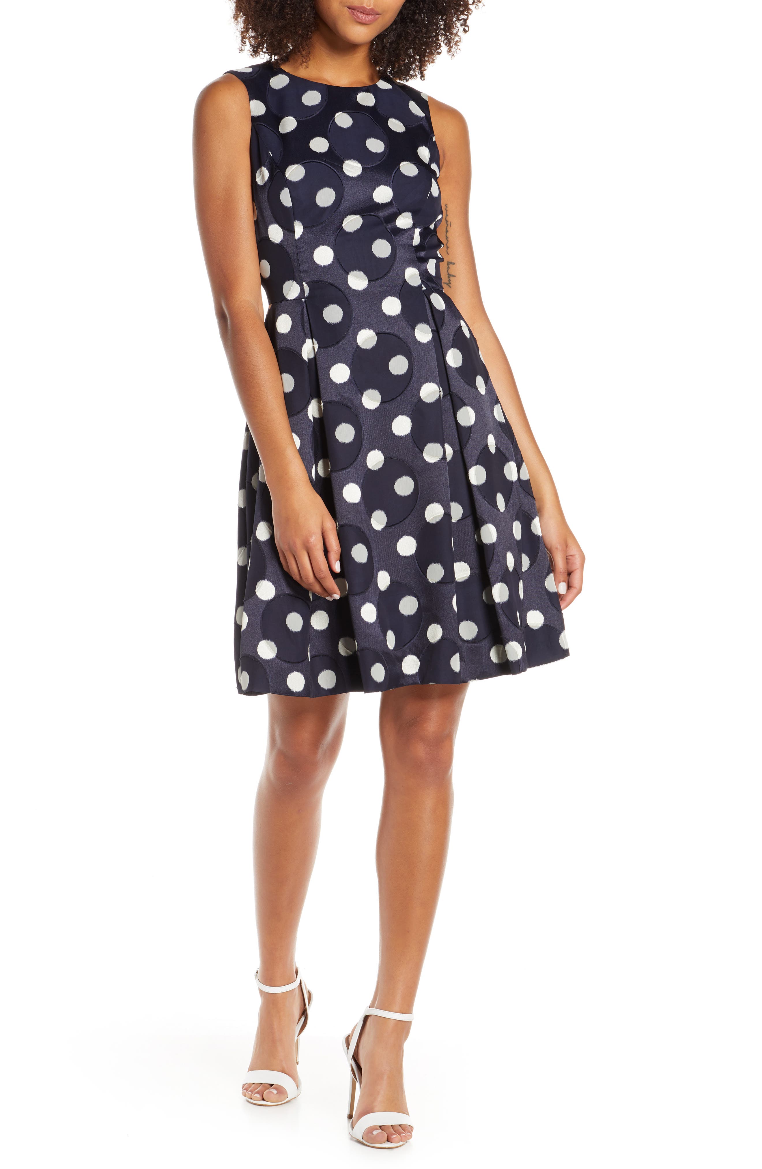 Petite Vince Camuto Dot Jacquard Fit & Flare Dress, Blue