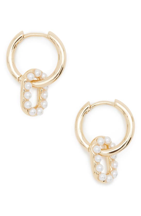 Allsaints Imitation Pearl Oval Drop Huggie Hoop Earrings In Pearl/ Gold