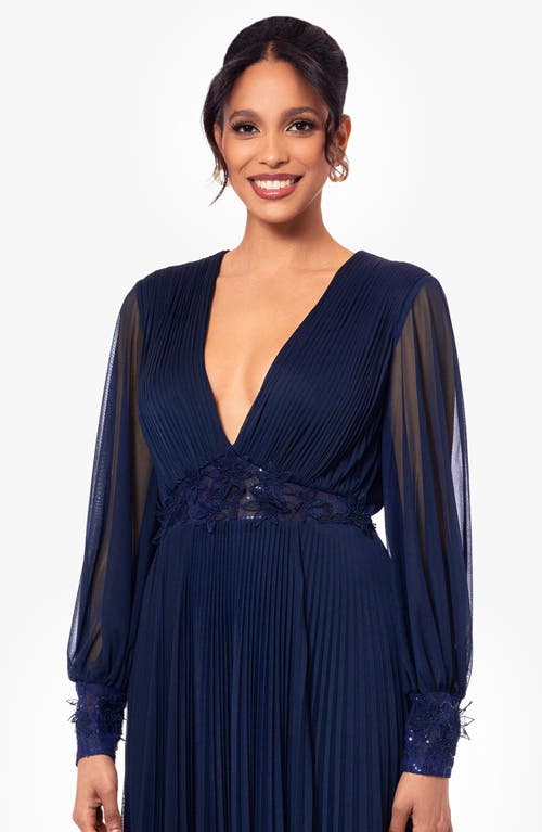 Betsy & Adam Petite V-neck Side-beaded Long-sleeve Gown In Navy