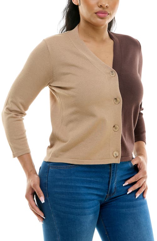 Nina Leonard Colorblock V-neck Cardigan In Tan/coffee Bean