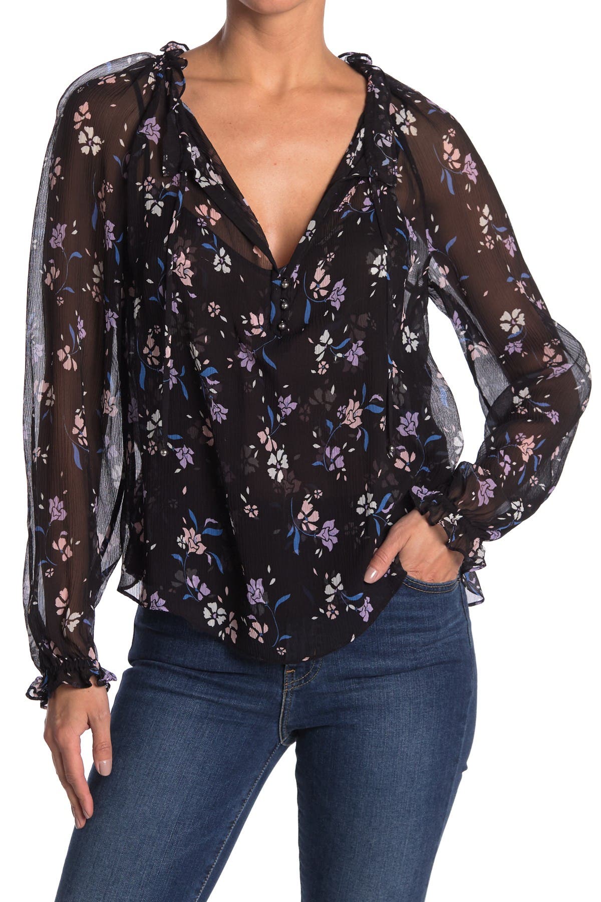 black floral chiffon blouse