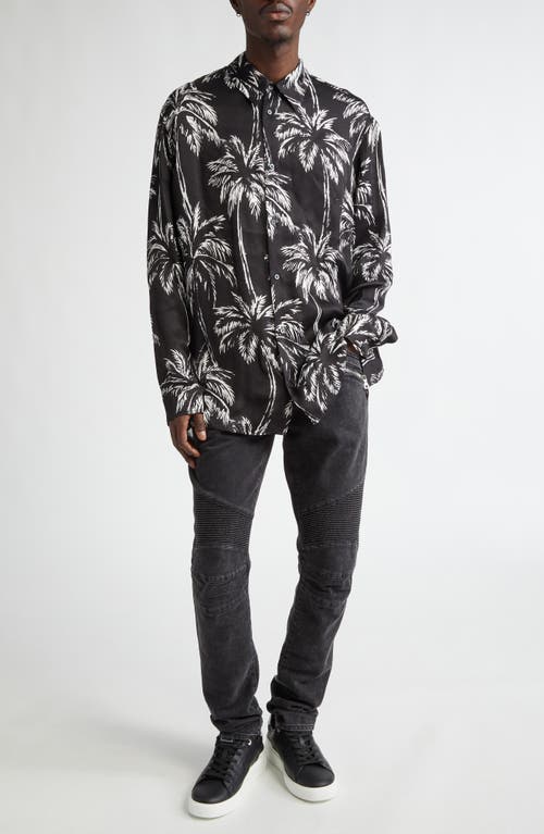 Shop Balmain Palm Print Satin Button-up Shirt In Black/white