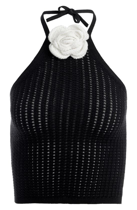 Shop Alice And Olivia Bessie Rosette Wool Blend Halter Top Sweater In Black/ Soft White