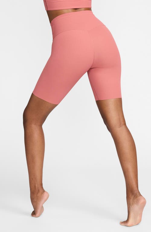 Shop Nike Zenvy Dri-fit High Waist Rib Bike Shorts In Canyon Pink/black