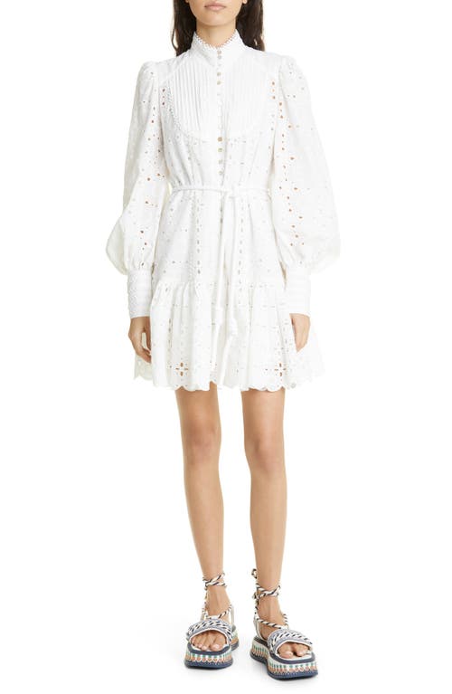 ALEMAIS Evie Broderie Anglaise Long Sleeve Organic Cotton Mini Shirtdress in White