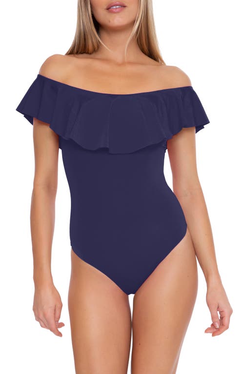 Shop Trina Turk Monaco Off The Shoulder Ruffle One-piece Swimsuit In Navy