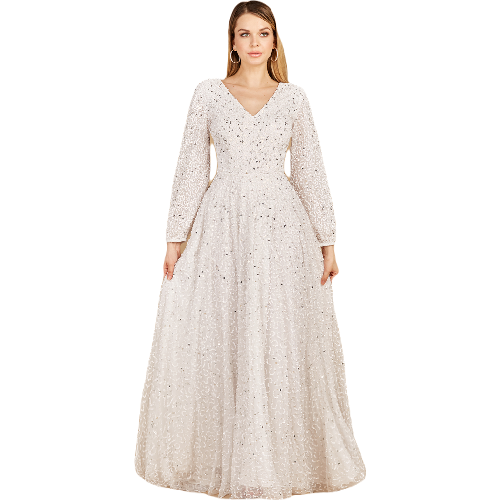 Lara New York Long Sleeve, Beaded A-line Bridal Dress In Ivory