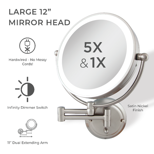 Zadro Glamour Lighted Wall Mounted Makeup Mirror With 5x Magnification In Satin Nickel