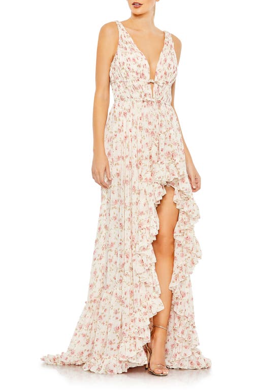 Mac Duggal Floral Print Sleeveless Ruffle Gown Pink Multi at Nordstrom,