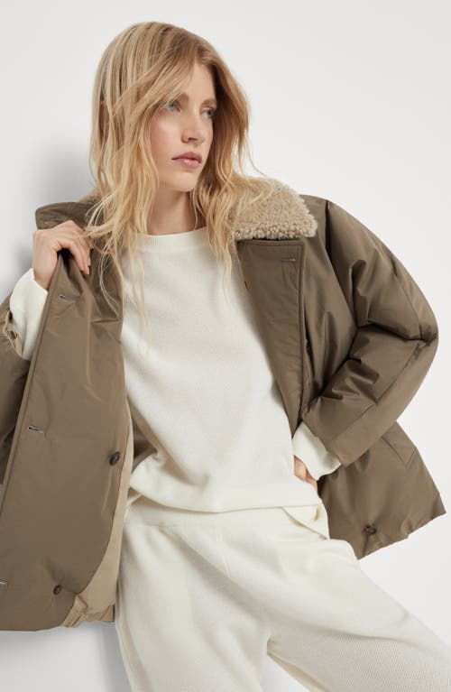 Shop Brunello Cucinelli Water-resistant Taffeta Down Jacket With Detachable Shearling Collar And Monili In Rope