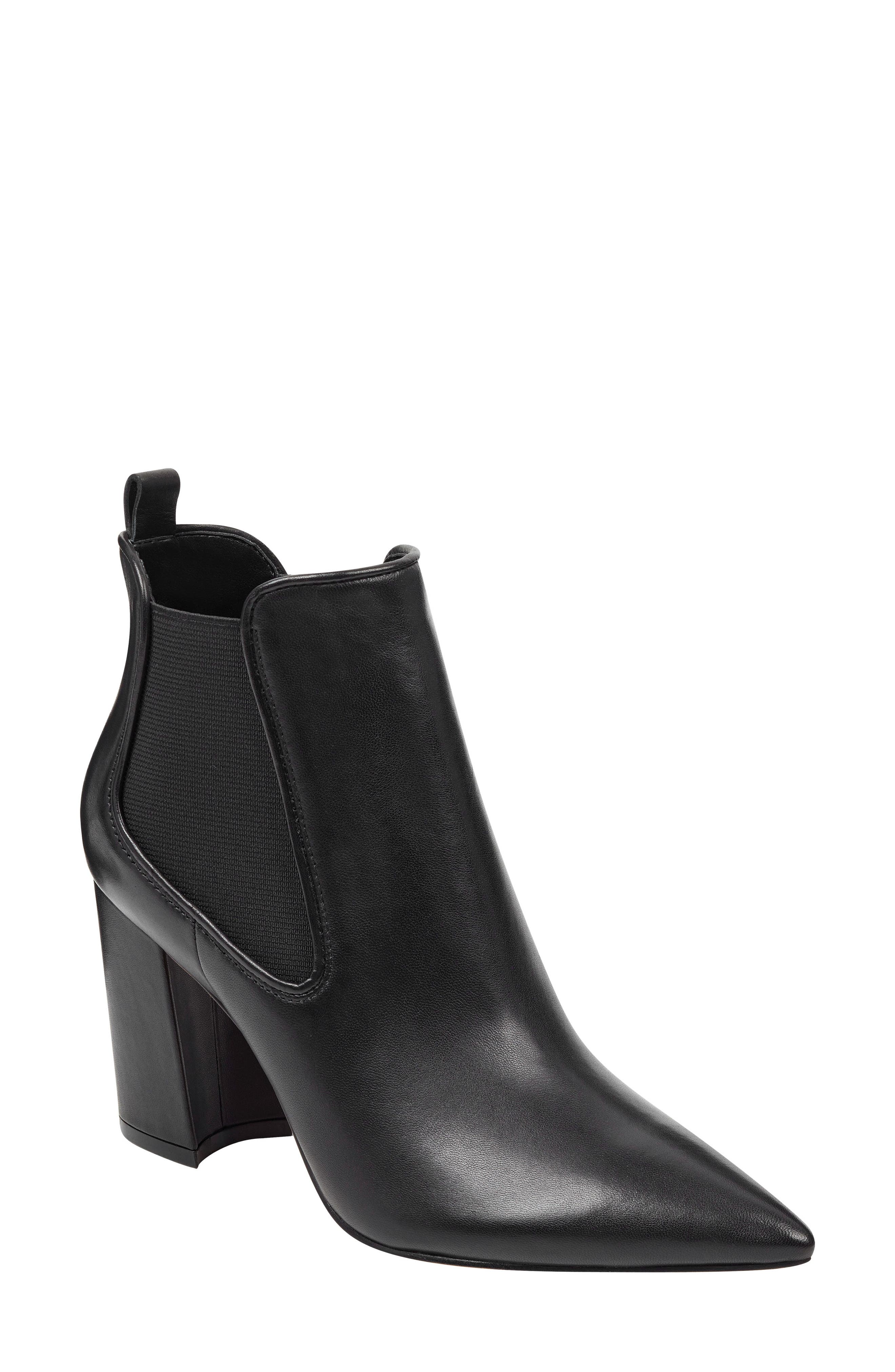 black leather pointed toe booties