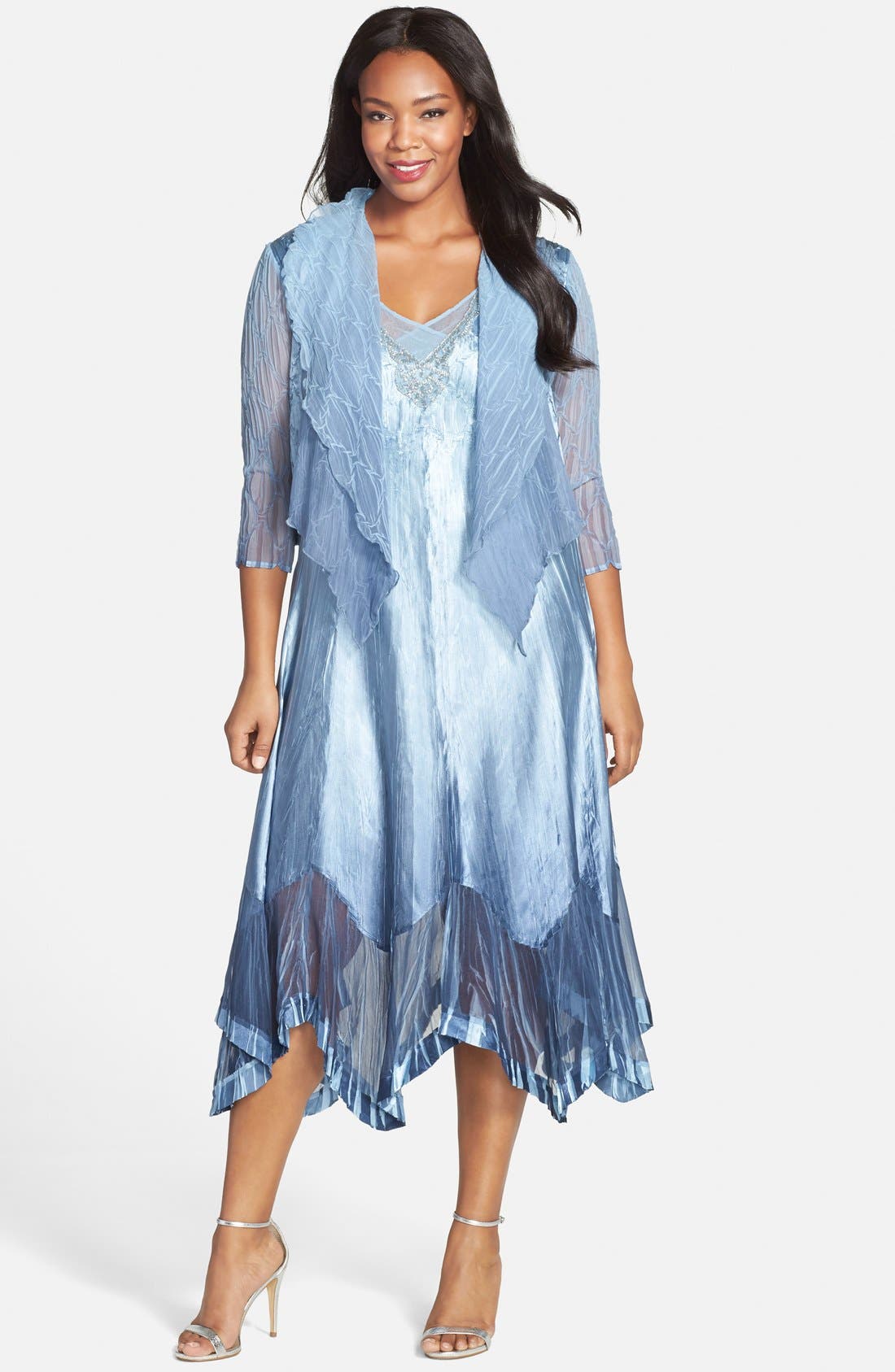Komarov Ombré Charmeuse Handkerchief Hem Dress with Chiffon Jacket