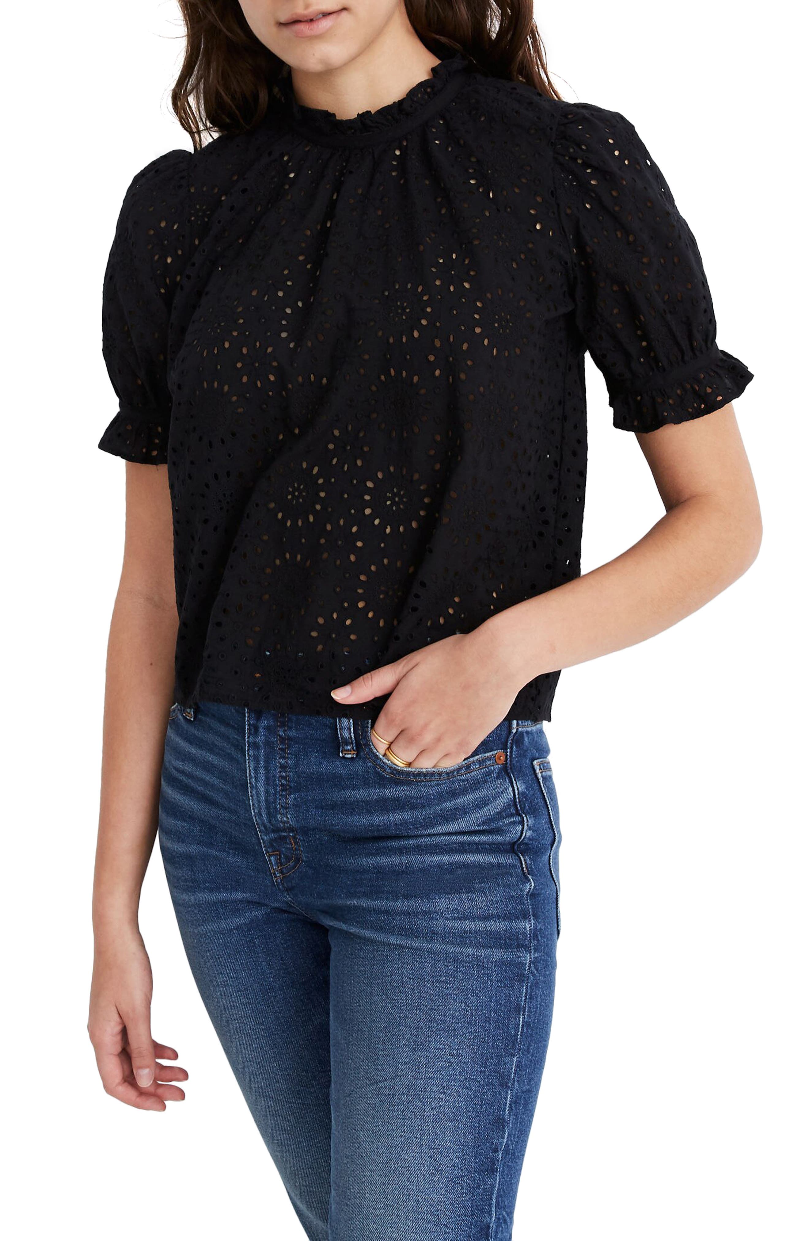 madewell eyelet ruffle mock neck top