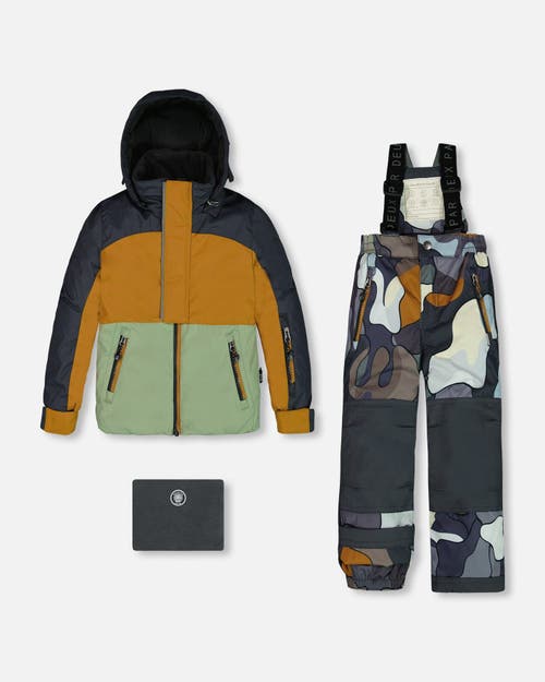 Shop Deux Par Deux Boy's Two Piece Snowsuit Colorblock And Print Camo Dark Gray In Printed Camo