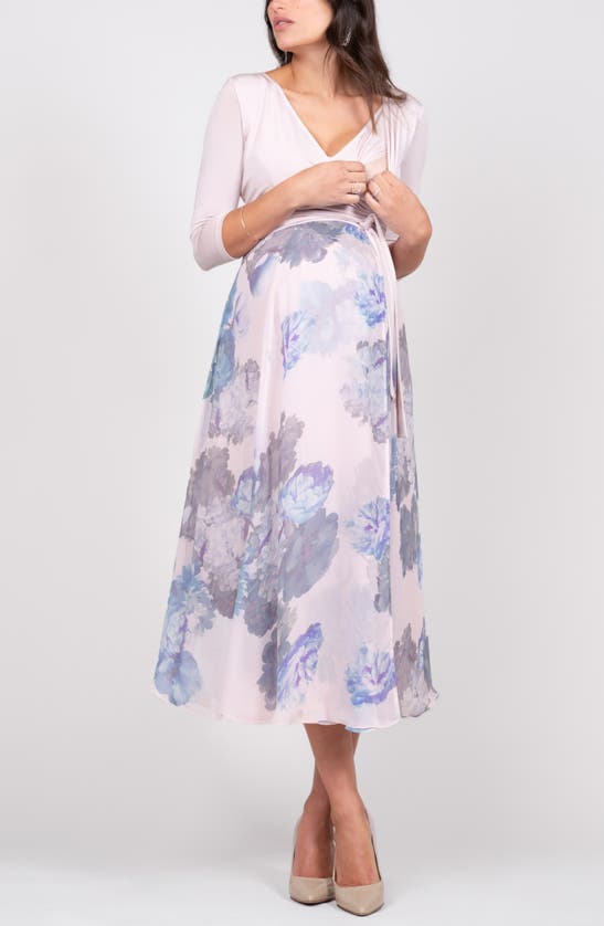 Shop Seraphine Floral Print Wrap Maternity/nursing Midi Dress In Pink/ Grey