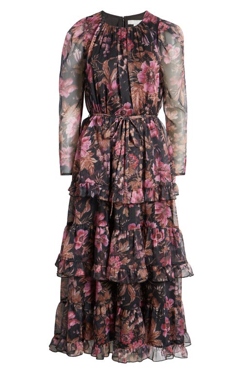 Shop Chelsea28 Floral Long Sleeve Tiered Midi Dress In Burgundy Multi