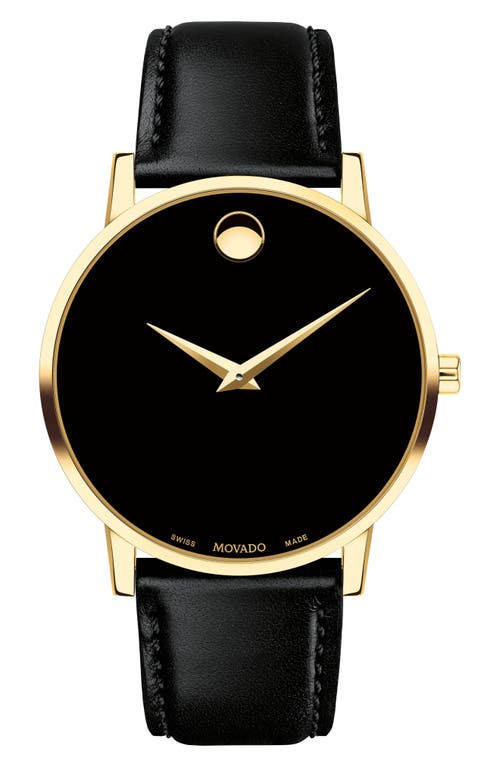 Shop Movado Leather Strap Watch, 40mm In Black/gold