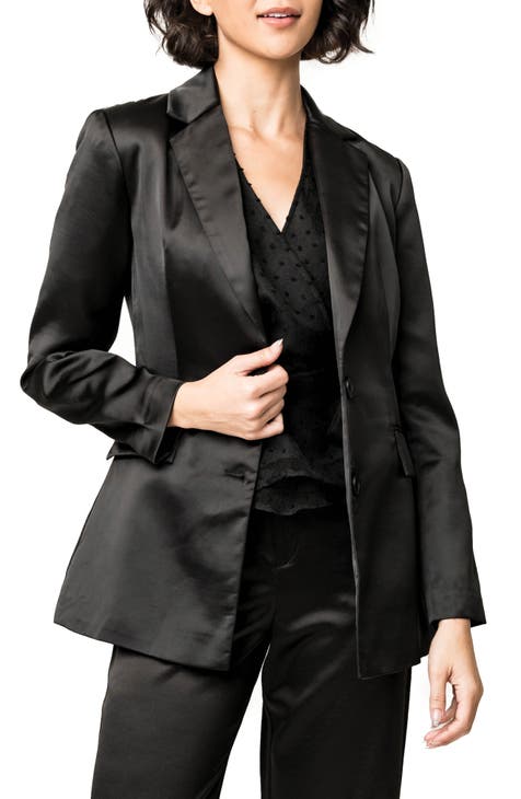 Women's Black Blazer, Beige Satin Pumps, Dark Brown Print Leather