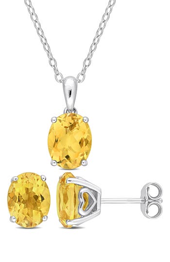 Delmar Oval Cut Citrine Pendant Necklace & Stud Earrings Set In Silver/yellow