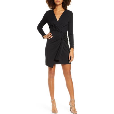 Fraiche By J Long Sleeve Ruched Faux Wrap Minidress, Black