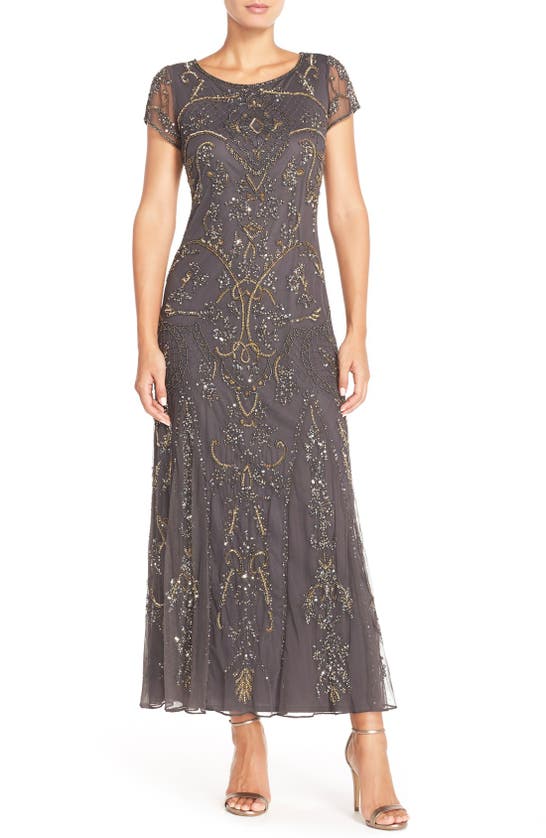 Pisarro Nights Beaded Mesh Midi Cocktail Dress In Ash