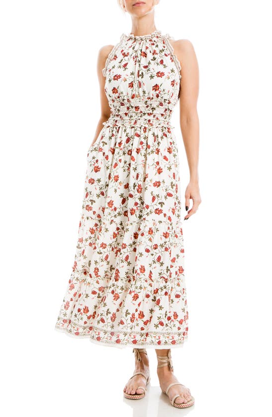 Shop Max Studio Floral Smocked Maxi Dress In Ecru Curly Clusters