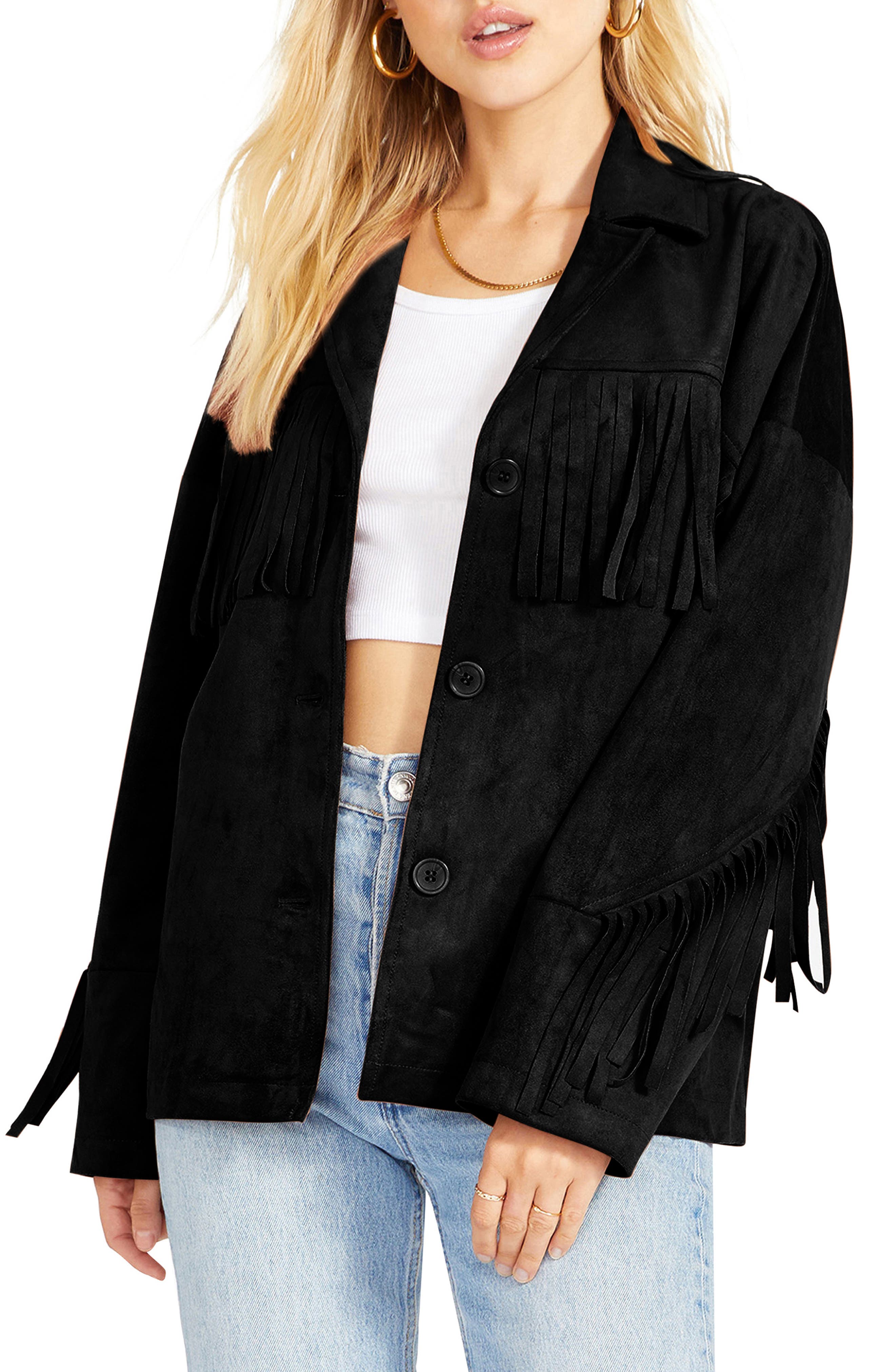 black faux suede fringe jacket