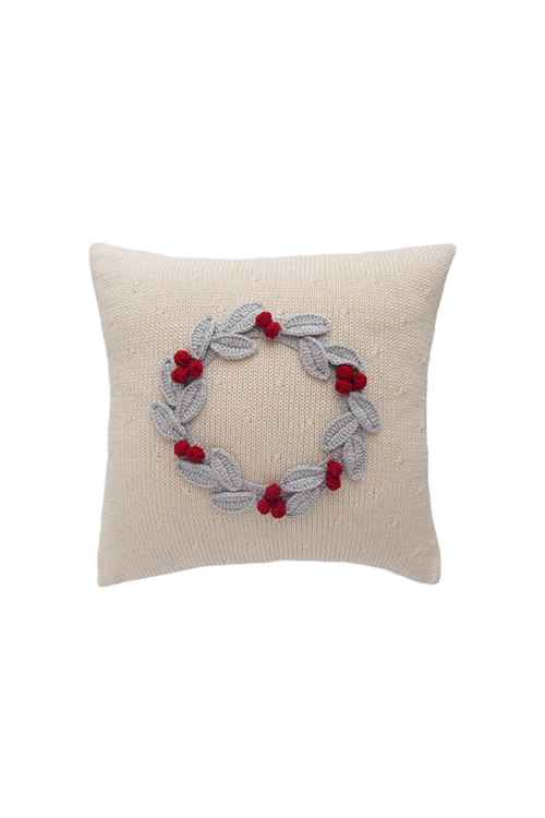 Melange Collection 10" Grey Wreath with Berries Pillow, Ecru in Ivory 