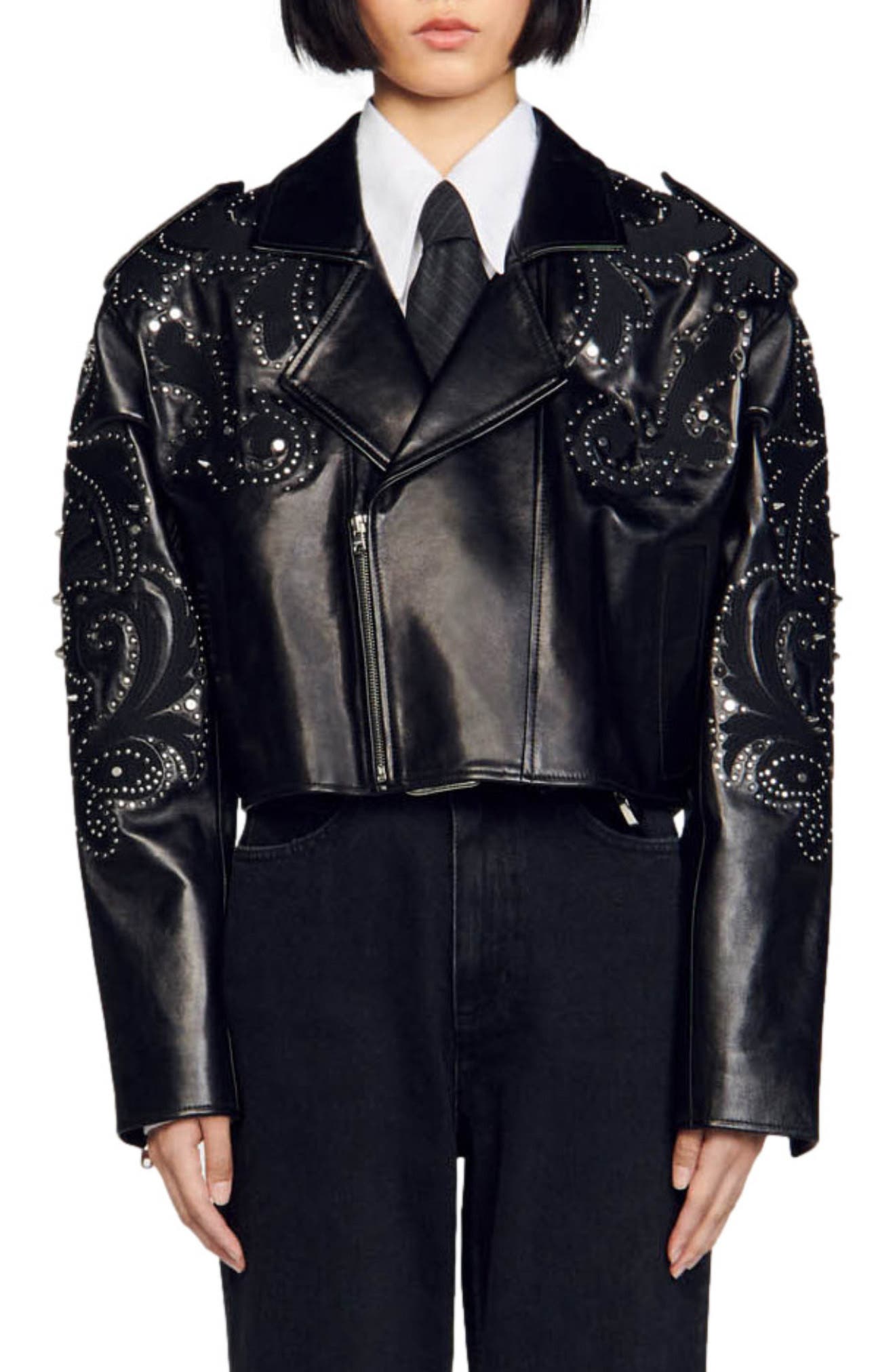 sandro Mariah Crop Leather Moto Jacket in Black | Smart Closet