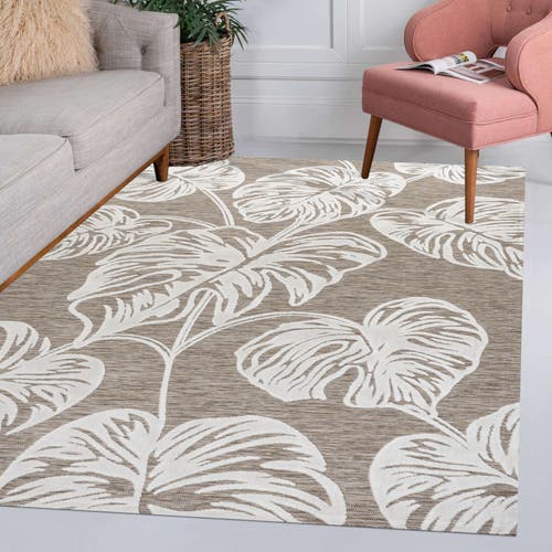 Jonathan Y Tobago High-low Two-tone Monstera Leaf Indoor/outdoor Area Rug In Brown/ivory