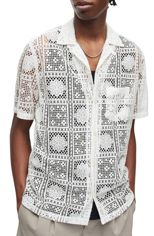 AllSaints Llonga Relaxed Fit Lace Camp Shirt Cala White at Nordstrom,