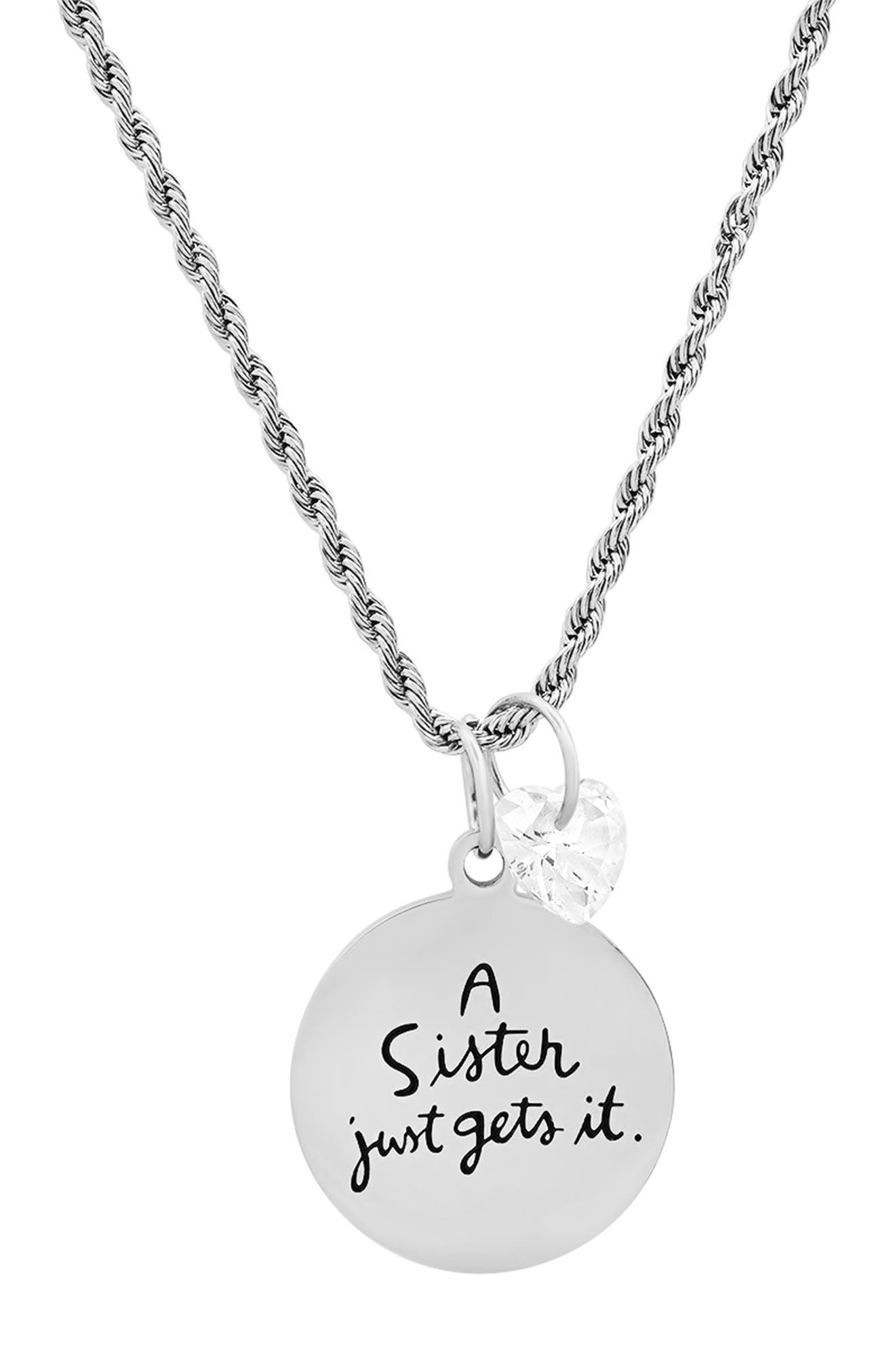 Hmy Jewelry Swarovski Crystal Charm Sister Stamped Pendant Necklace In Metallic