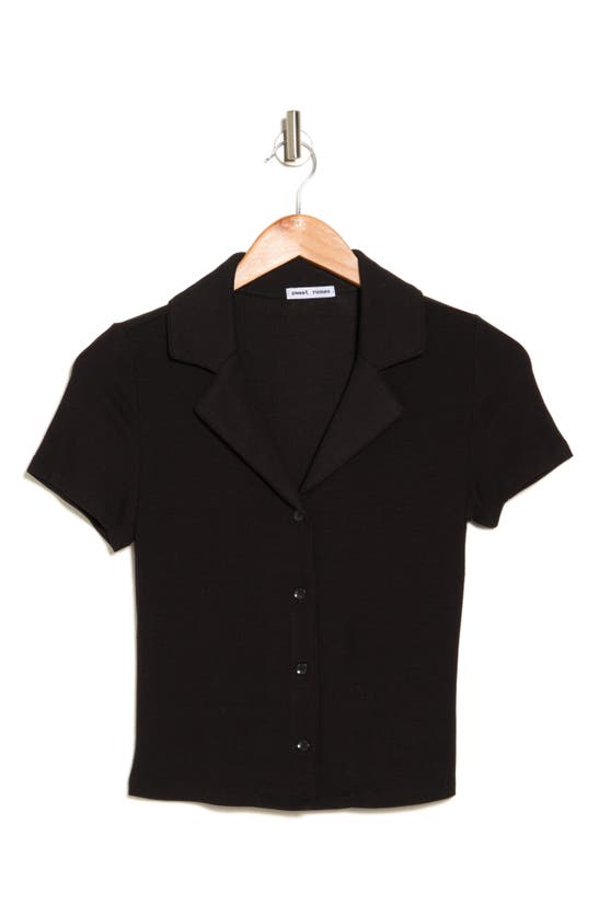 Shop Sweet Romeo Rib Short Sleeve Button-up Shirt In Black