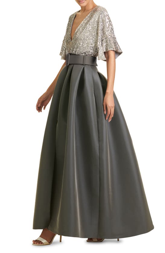 SACHIN & BABI SIMONE SEQUIN BODICE BELTED GOWN