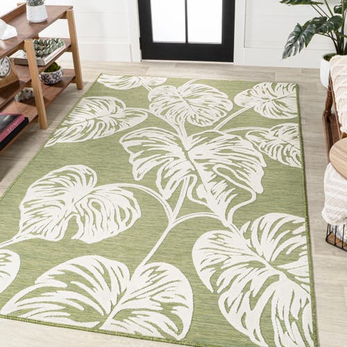 Jonathan Y Tobago High-low Two-tone Monstera Leaf Indoor/outdoor Area Rug In Light Green/ivory