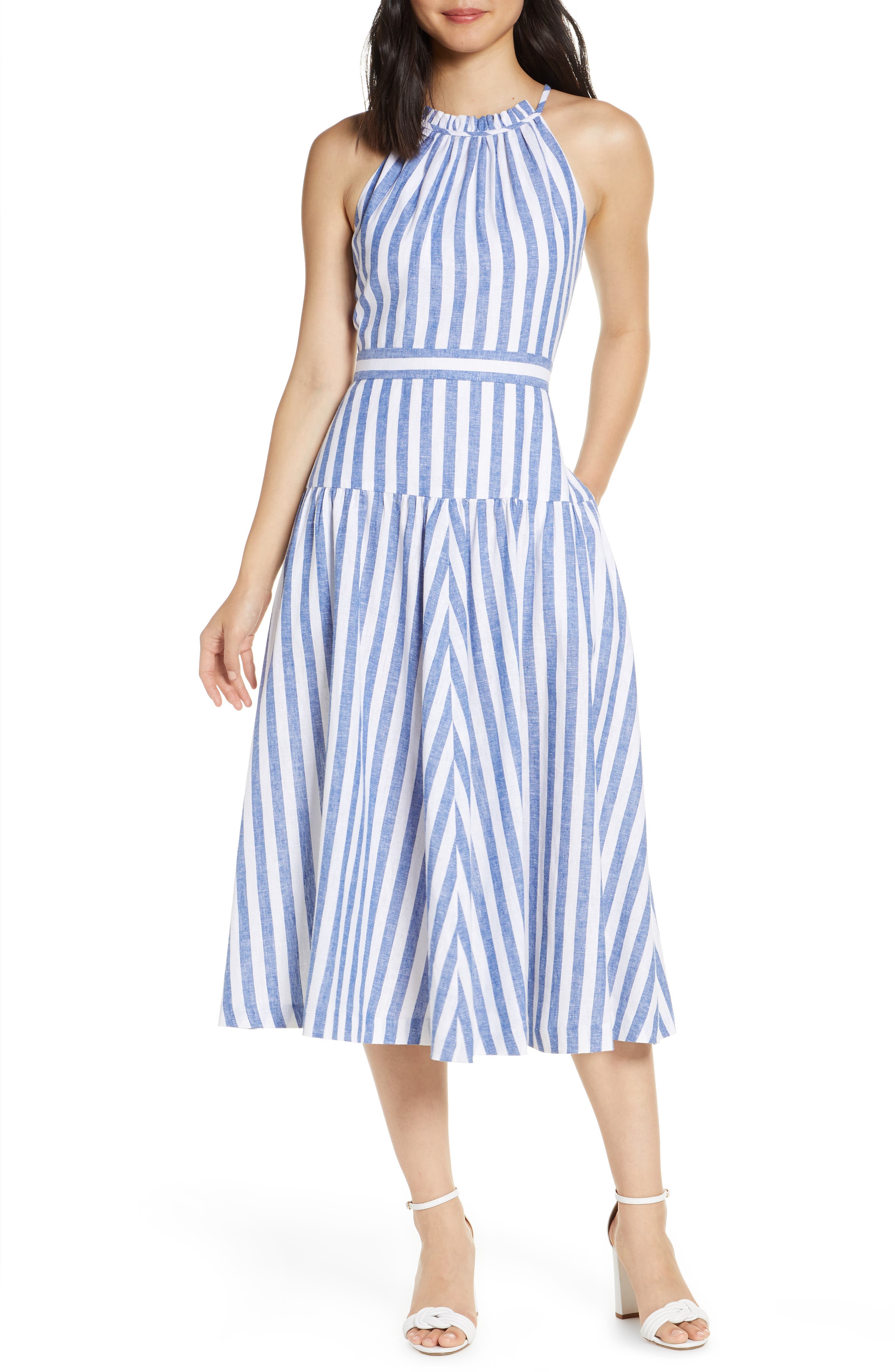 Eliza J Stripe Halter Linen Blend Midi Dress, Blue