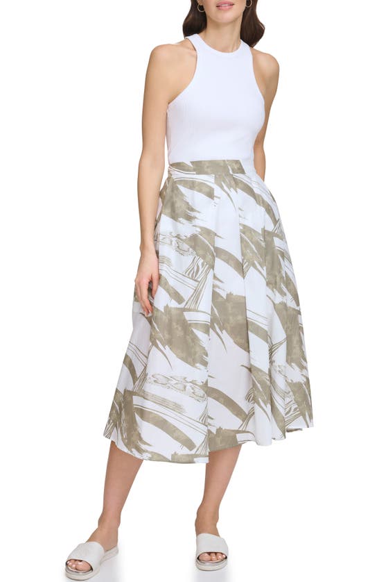 Shop Dkny Print Pleated Voile Midi Skirt In Abs Brshstk/ Lt Fat