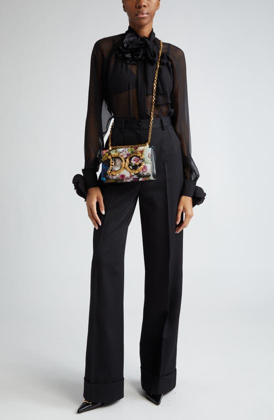 Dolce & Gabbana Dolce&gabbana Floral Appliqué Tie Neck Sheer Silk Shirt In Nero