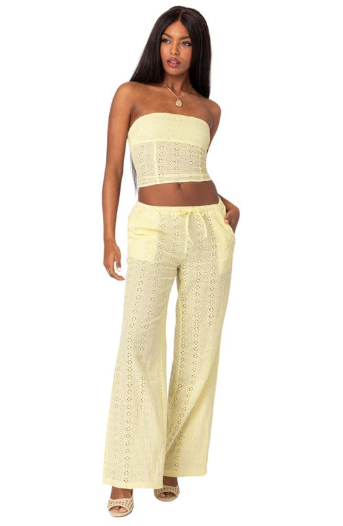 Shop Edikted Lemon Eyelet Lace-up Corset Crop Tube Top In Yellow