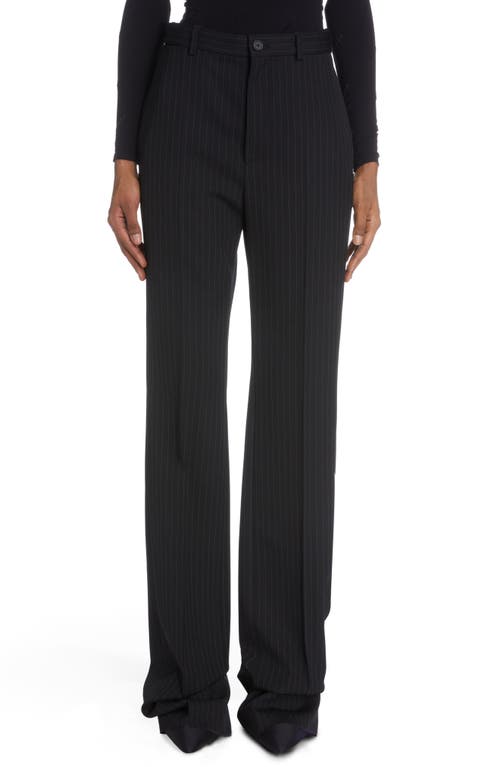Balenciaga Pinstripe Stretch Wool Straight Leg Trousers in Black/White