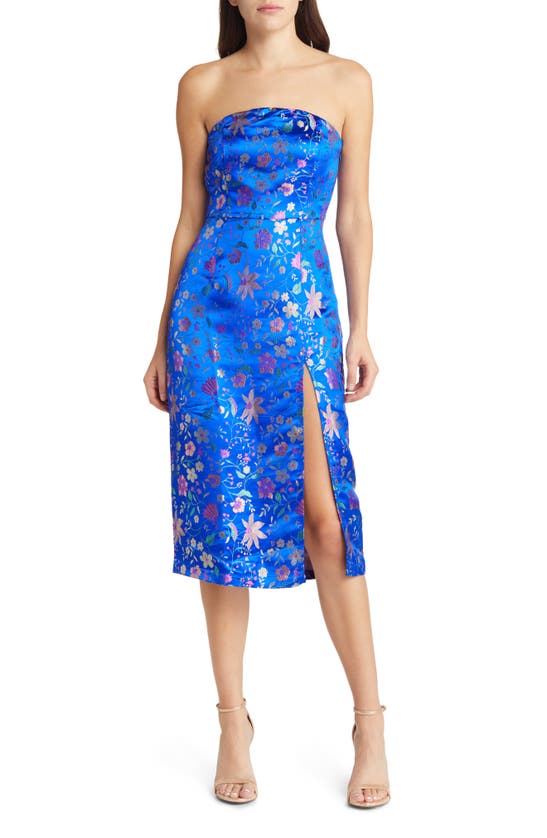Lulus Make A Move Floral Jacquard Sleeveless Satin Dress In Blue