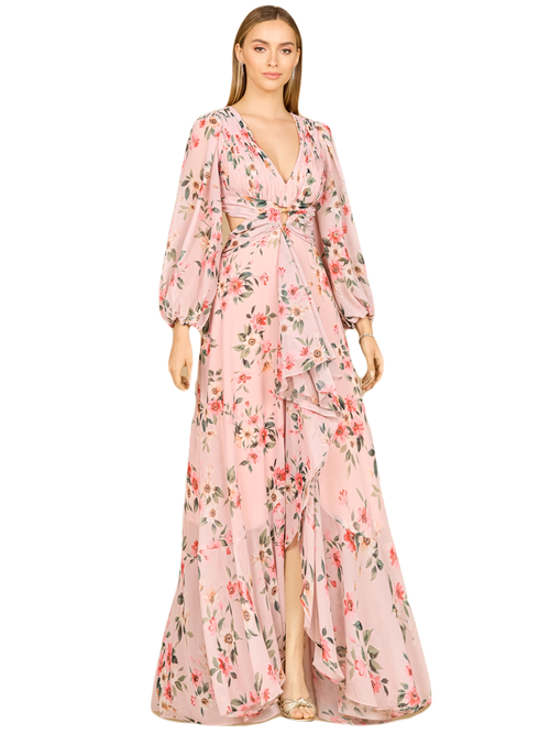 Lara New York Long Sleeve V-neck, Layered Skirt Print Dress In Blush
