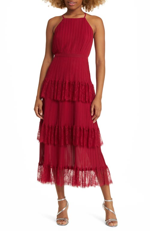 Came for Cocktails Pleated Lace Midi Dress in Wine Red