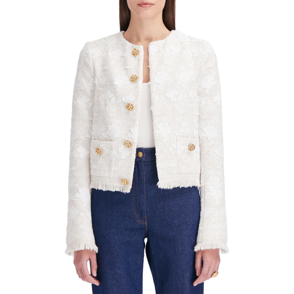 Shop Oscar De La Renta Gardenia Appliqué Tweed Jacket In Ivory/white