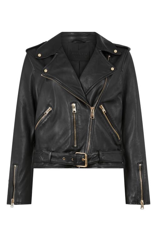 Shop Allsaints Balfern Sheepskin Leather Biker Jacket In Black/gold