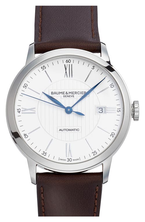 Baume & Mercier Classima Automatic Leather Strap Watch, 40mm in Silver-Coloured Opaline at Nordstrom